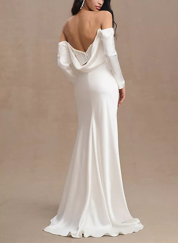 Off-The-Shoulder Long Sleeves Satin Wedding Dresses Beaded-Dbrbridal