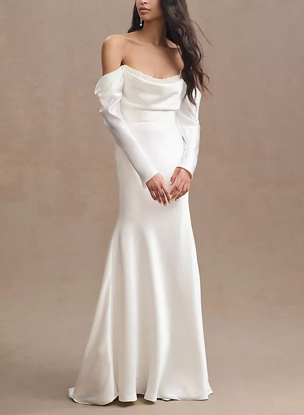 Off-The-Shoulder Long Sleeves Satin Wedding Dresses Beaded-Dbrbridal