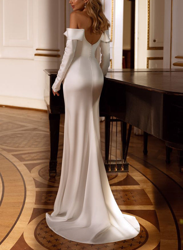 Off-The-Shoulder Long Sleeves Satin Wedding Dresses Mermaid Fitted-Dbrbridal