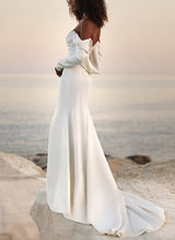 Off-The-Shoulder Long Sleeves Satin Wedding Dresses Sequins-Dbrbridal