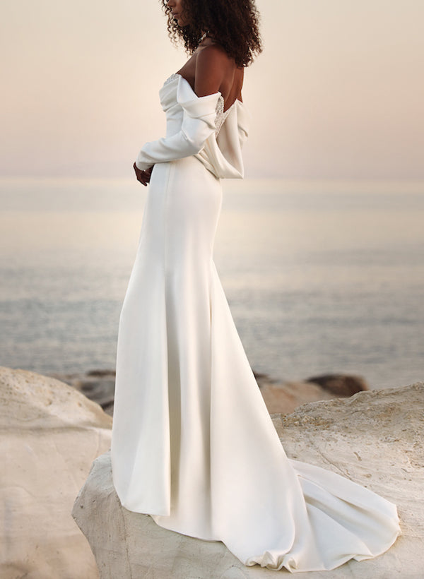 Off-The-Shoulder Long Sleeves Satin Wedding Dresses Sequins-Dbrbridal