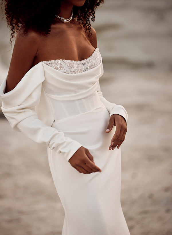 Off-The-Shoulder Long Sleeves Satin Wedding Dresses Sequins-Dbrbridal