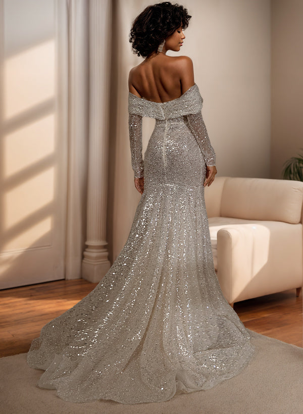 Off-The-Shoulder Long Sleeves Sequined Wedding Dresses Mermaid Fitted-Dbrbridal