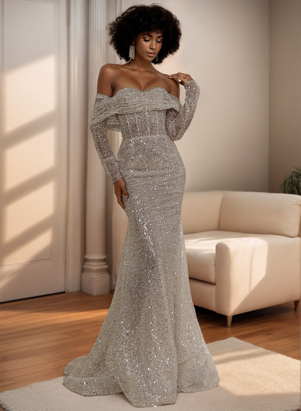 Off-The-Shoulder Long Sleeves Sequined Wedding Dresses Mermaid Fitted-Dbrbridal