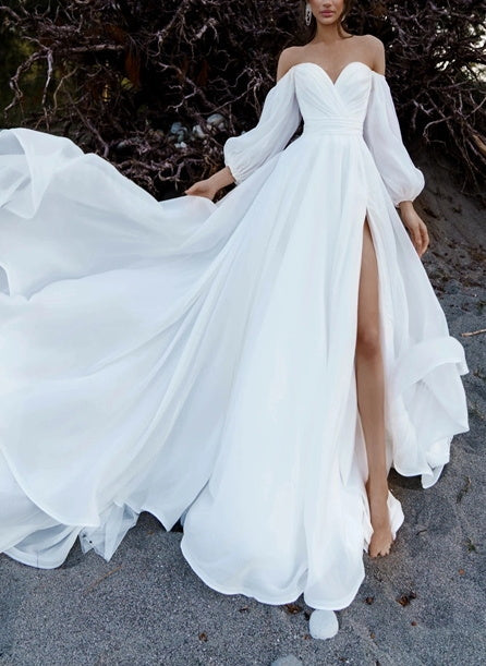 Off-The-Shoulder Long Sleeves Summer Beach Wedding Dresses Chic A-line Chiffon-Dbrbridal