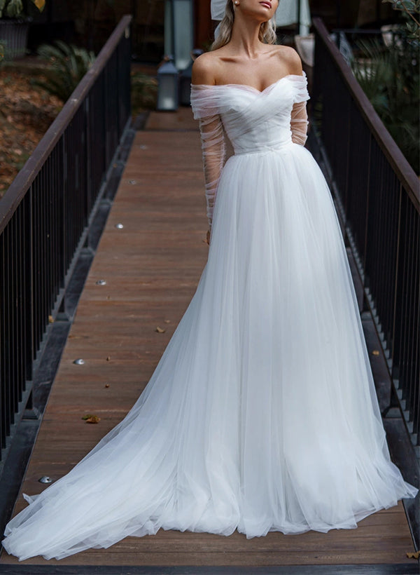 Off-The-Shoulder Long Sleeves Sweep Train Tulle Wedding Dresses-Dbrbridal