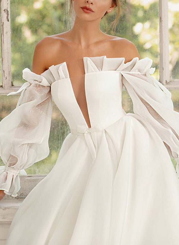 Off-The-Shoulder Long Sleeves Tulle Wedding Dresses Bows-Dbrbridal