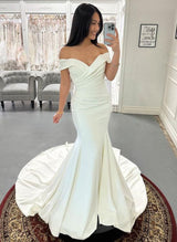 Off-The-Shoulder Mermaid Fitted Elastic Satin Wedding Dresses Ruffle-Dbrbridal