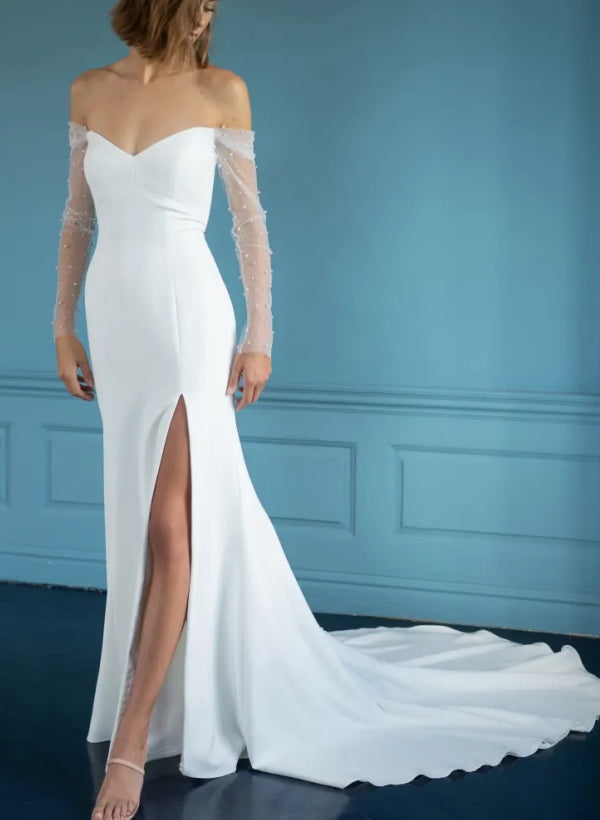 Off-the-Shoulder Mermaid Fitted Wedding Dress Long Sleeves Pearl Detailing Elastic Satin Fabric Sweep Train-Dbrbridal