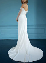 Off-the-Shoulder Mermaid Fitted Wedding Dress Long Sleeves Pearl Detailing Elastic Satin Fabric Sweep Train-Dbrbridal