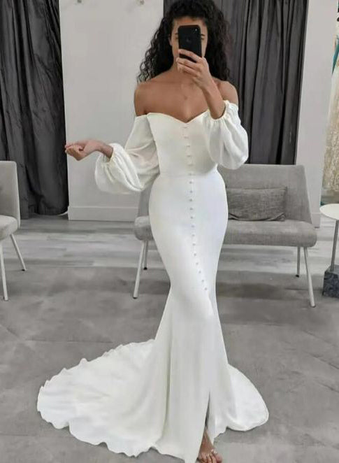 Off-the-Shoulder Mermaid Fitted Wedding Dresses Long Sleeves-Dbrbridal