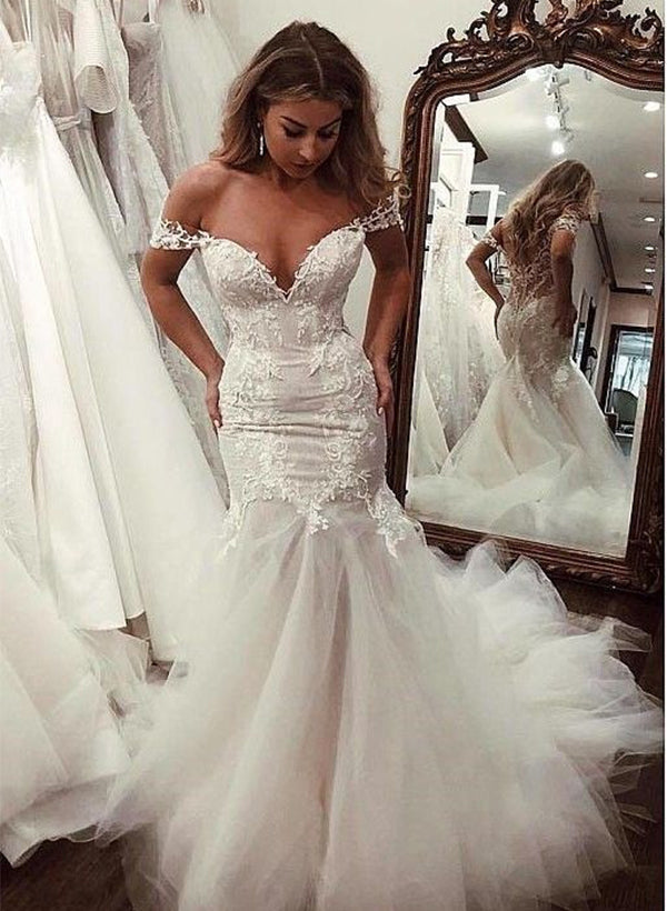 Off-the-Shoulder Mermaid Fitted Wedding Dresses Sweep Train in Lace Tulle-Dbrbridal