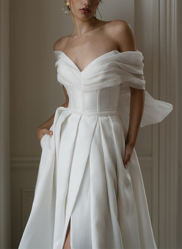 Off-The-Shoulder Organza Wedding Dresses Chic A-line Split Front Bows-Dbrbridal