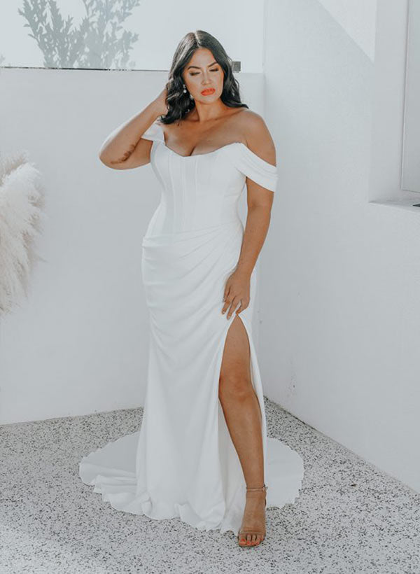 Off-the-Shoulder Plus Size Wedding Dress Split Front-Dbrbridal