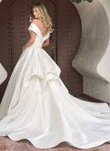 Off-the-Shoulder Retro style Satin Wedding Dresses Ruffle Pockets-Dbrbridal