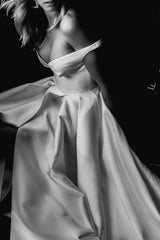 Off-The-Shoulder Satin Chic A-line Slit Wedding Dresses-Dbrbridal