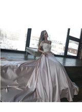 Off-the-Shoulder Satin Court Train Wedding Dress Lace Appliques-Dbrbridal