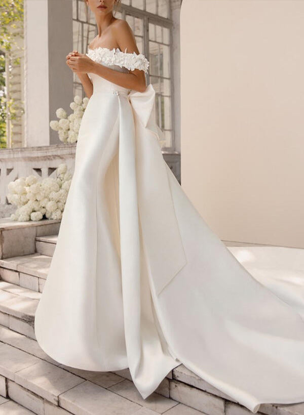 Off the shoulder Satin Court Train Wedding Dress Mermaid Fitted Appliques Lace-Dbrbridal