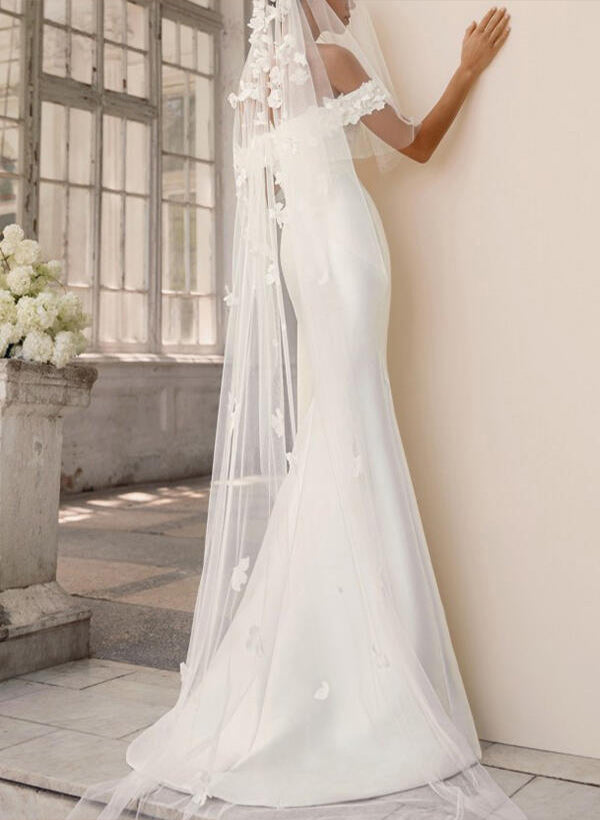 Off the shoulder Satin Court Train Wedding Dress Mermaid Fitted Appliques Lace-Dbrbridal