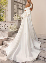 Off the shoulder Satin Court Train Wedding Dress Mermaid Fitted Appliques Lace-Dbrbridal