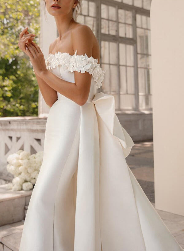 Off the shoulder Satin Court Train Wedding Dress Mermaid Fitted Appliques Lace-Dbrbridal