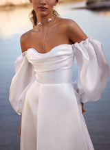 Off-The-Shoulder Satin Wedding Dress Chic A-line Cut Long Sleeves Front Split-Dbrbridal