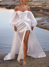 Off-The-Shoulder Satin Wedding Dress Chic A-line Cut Long Sleeves Front Split-Dbrbridal