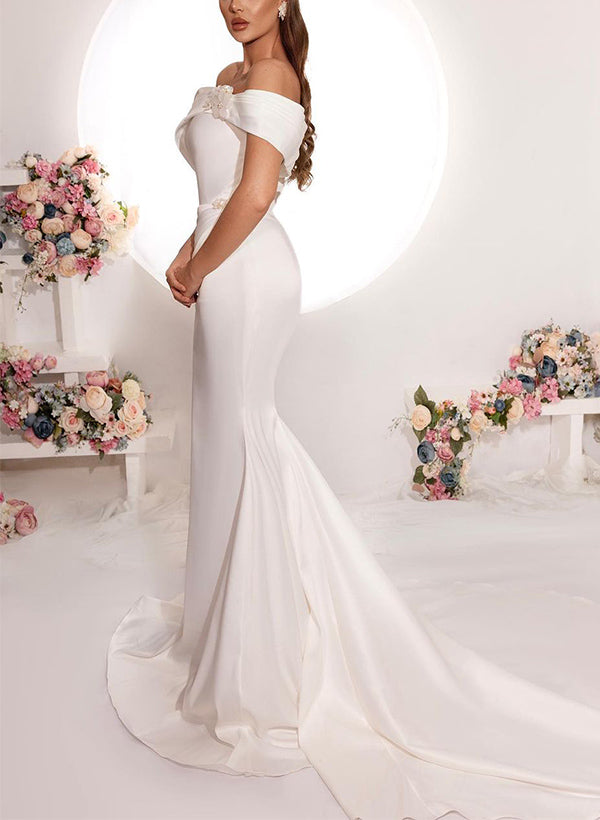 Off-The-Shoulder Satin Wedding Dresses Flowers-Dbrbridal