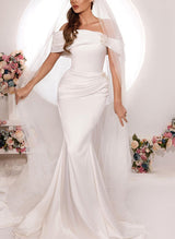 Off-The-Shoulder Satin Wedding Dresses Flowers-Dbrbridal