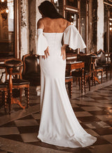 Off-The-Shoulder Short Sleeves Sheath Fitted Elastic Satin Wedding Dresses-Dbrbridal