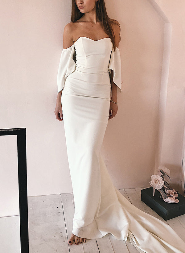 Off-The-Shoulder Short Sleeves Sheath Fitted Elastic Satin Wedding Dresses-Dbrbridal