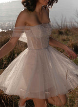 Off-The-Shoulder Short Tulle Wedding Dress Beaded-Dbrbridal