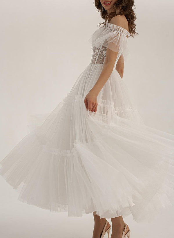 Off-The-Shoulder Sleeveless Ankle-Length Tulle Wedding Dress Ruffle-Dbrbridal