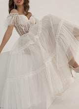 Off-The-Shoulder Sleeveless Ankle-Length Tulle Wedding Dress Ruffle-Dbrbridal