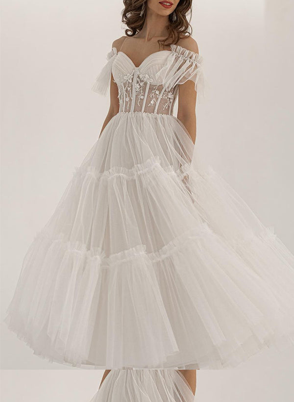 Off-The-Shoulder Sleeveless Ankle-Length Tulle Wedding Dress Ruffle-Dbrbridal