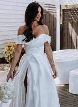 Off-the-Shoulder Sleeveless Court Train Satin Ball-Gown Wedding Dress Split Front-Dbrbridal