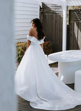 Off-the-Shoulder Sleeveless Court Train Satin Ball-Gown Wedding Dress Split Front-Dbrbridal