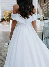 Off-the-Shoulder Sleeveless Court Train Satin Ball-Gown Wedding Dress Split Front-Dbrbridal