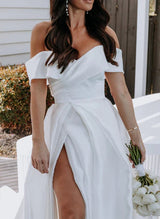 Off-the-Shoulder Sleeveless Court Train Satin Ball-Gown Wedding Dress Split Front-Dbrbridal