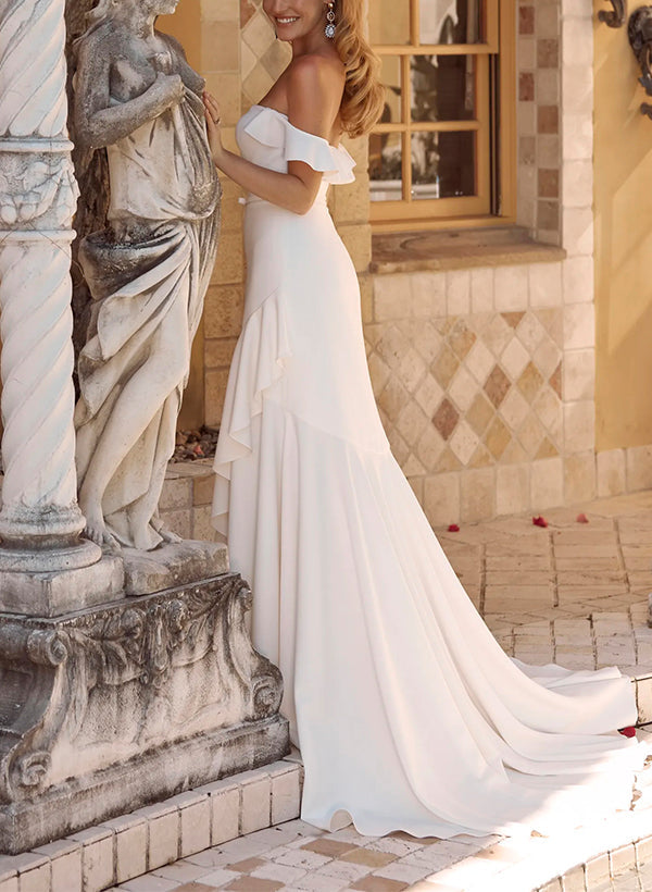 Off-The-Shoulder Sleeveless Elastic Satin Sheath Fitted Wedding Dresses-Dbrbridal