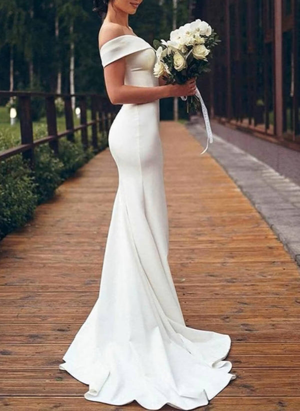 Off-the-Shoulder Sleeveless Mermaid Fitted Satin Wedding Dresses Sweep Train-Dbrbridal