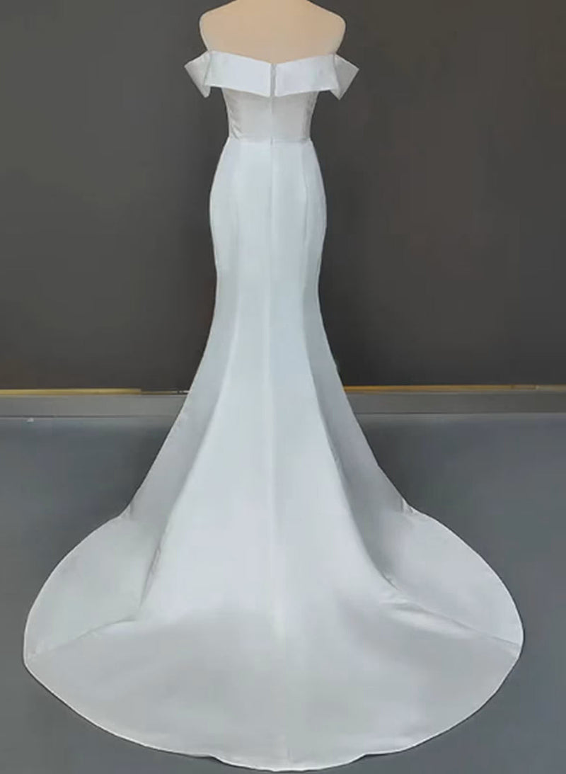 Off-the-Shoulder Sleeveless Mermaid Fitted Satin Wedding Dresses Sweep Train-Dbrbridal