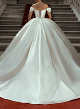 Off-The-Shoulder Sleeveless Satin Ball-Gown Wedding Dress Sweep Train-Dbrbridal