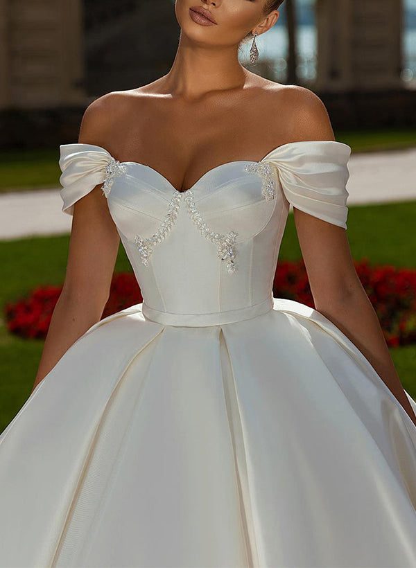 Off-The-Shoulder Sleeveless Satin Ball-Gown Wedding Dress Sweep Train-Dbrbridal