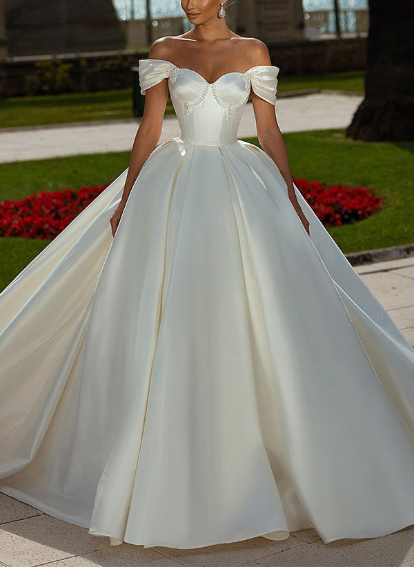 Off-The-Shoulder Sleeveless Satin Ball-Gown Wedding Dress Sweep Train-Dbrbridal