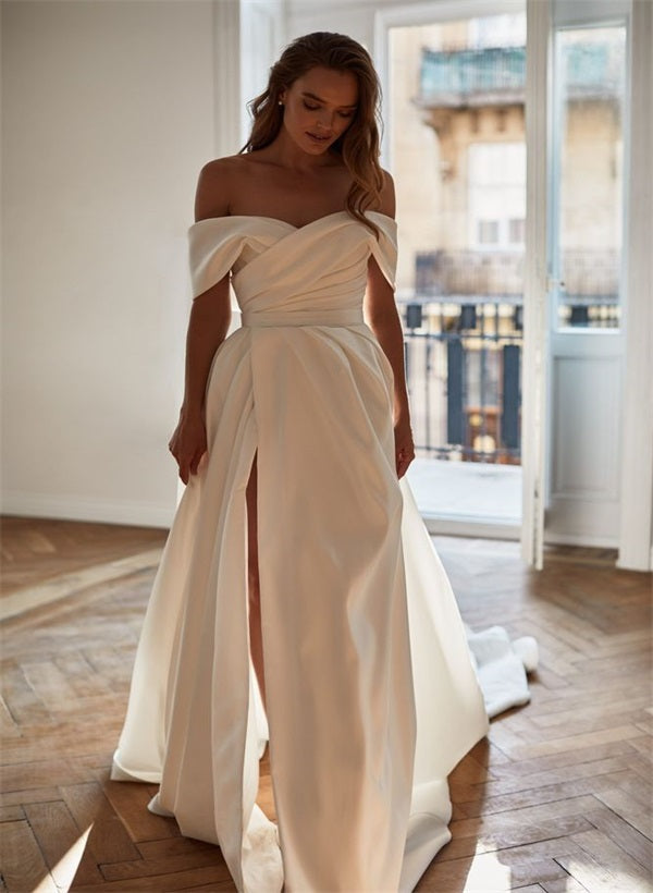 Off-the-Shoulder Sleeveless Satin Court Train Wedding Dress-Dbrbridal