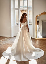 Off-the-Shoulder Sleeveless Satin Court Train Wedding Dress-Dbrbridal