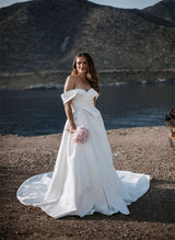 Off-the-Shoulder Sleeveless Satin Court Train Wedding Dress-Dbrbridal