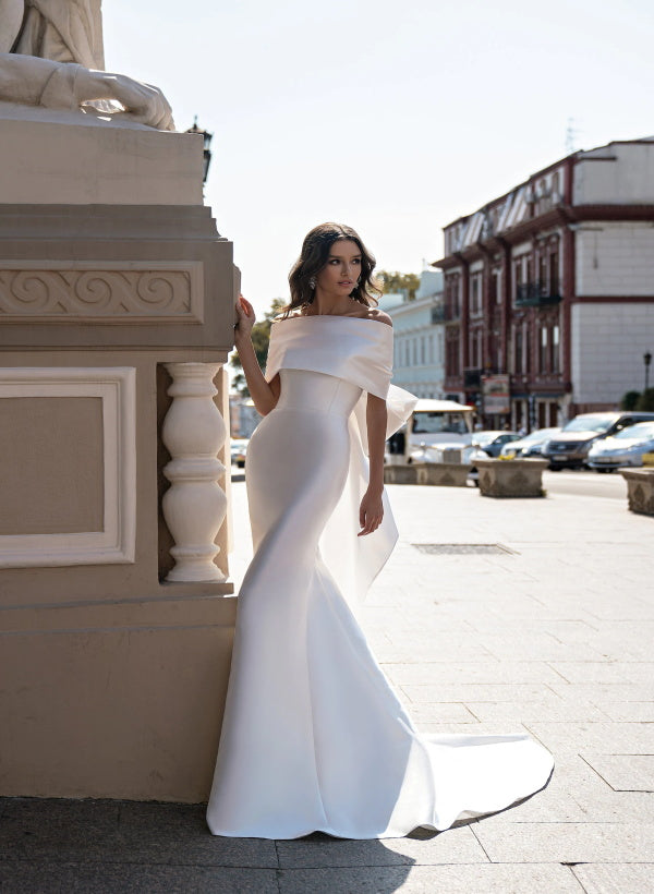 Off-the-Shoulder Sleeveless Satin Sweep Train Wedding Dress Bows-Dbrbridal