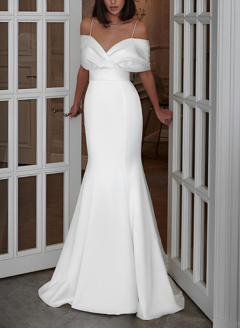 Off-The-Shoulder Sleeveless Sweep Train Charmeuse Wedding Dresses Mermaid Fitted Style-Dbrbridal